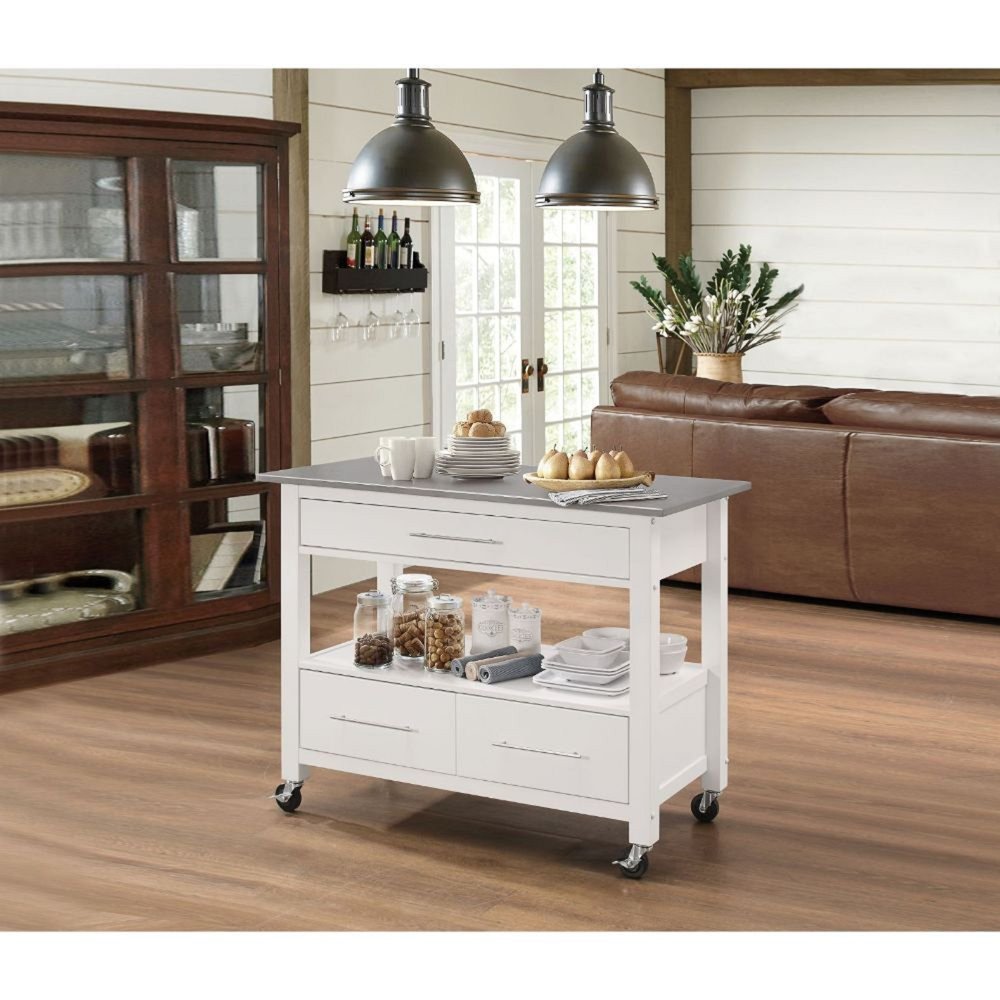 White and Silver 43" Rolling Kitchen Island With Storage
