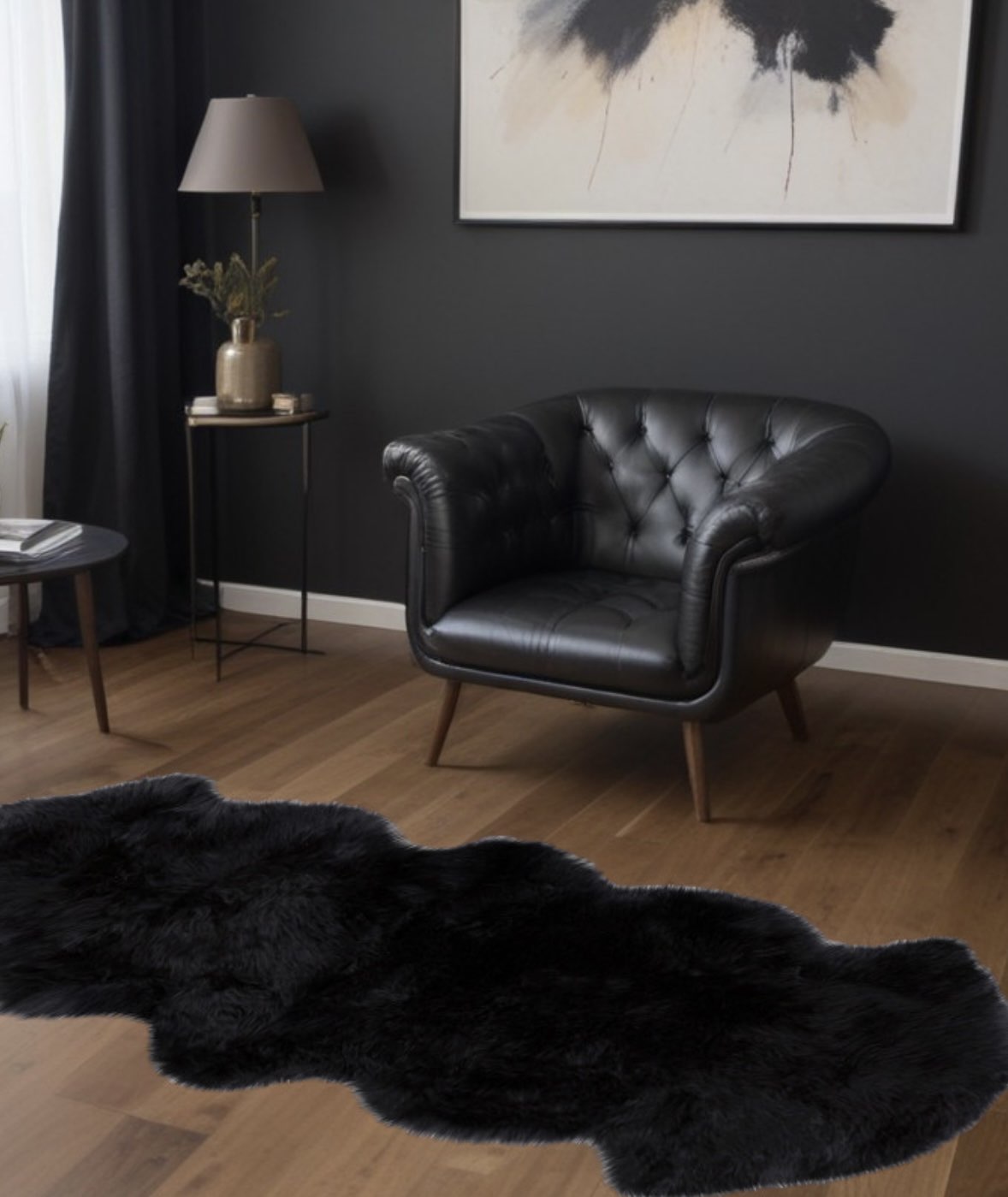 6' Black Genuine Sheepskin Animal Print Shag Area Rug
