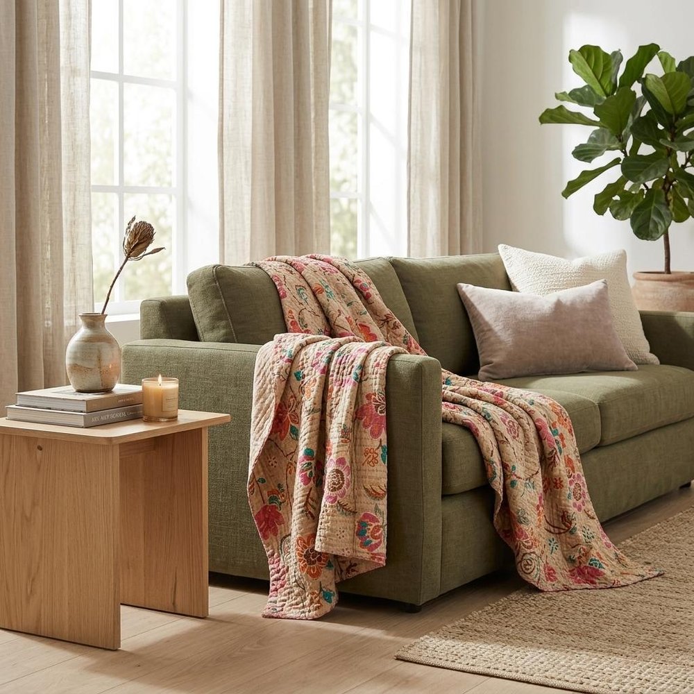 50" X 70" Beige Pink Orange and Green Cotton Kantha Floral Throw Throw Blanket with Embroidery