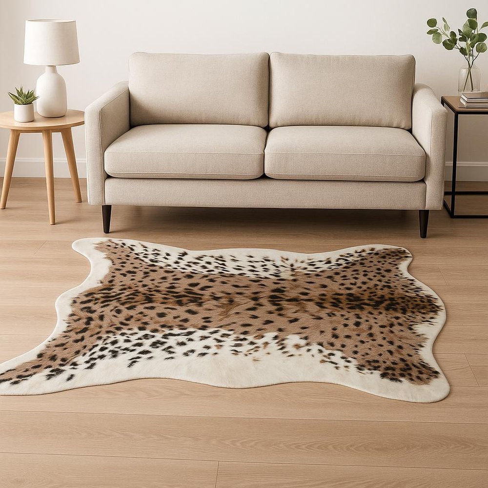 4' X 5' Ivory Black And Brown Faux Fur Animal Print Washable Area Rug