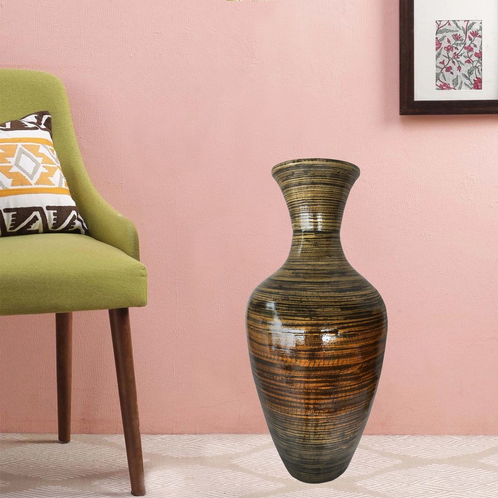25" Black And Gold Striped Urn Bamboo Floor Vase