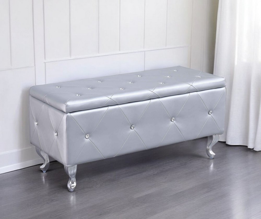 38" Silver Faux Leather Storage Bench With Flip Top