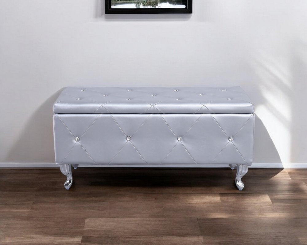 38" Silver Faux Leather Storage Bench With Flip Top