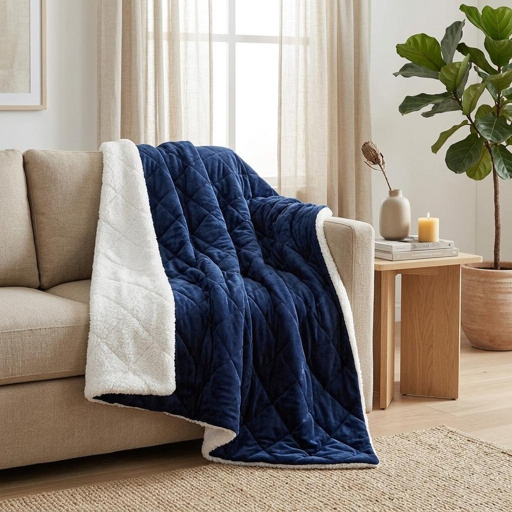 60" X 80" Navy Blue Fleece And Microfiber Quilted Plush Throw Blanket