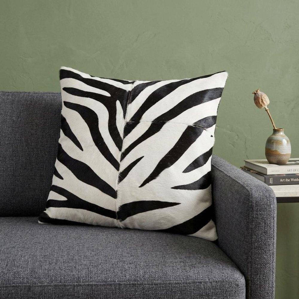 18" Black and White Zebra Print Cowhide Throw Pillow