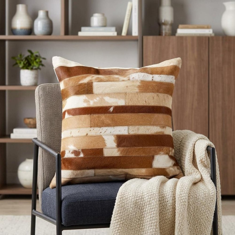 18" Brown and White Cowhide Throw Pillow