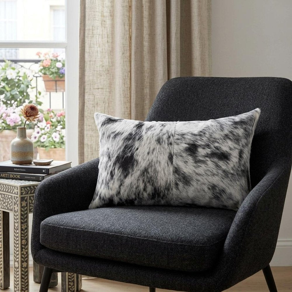 18" X 18" X 5" Salt And Pepper Black And White Cowhide Pillow