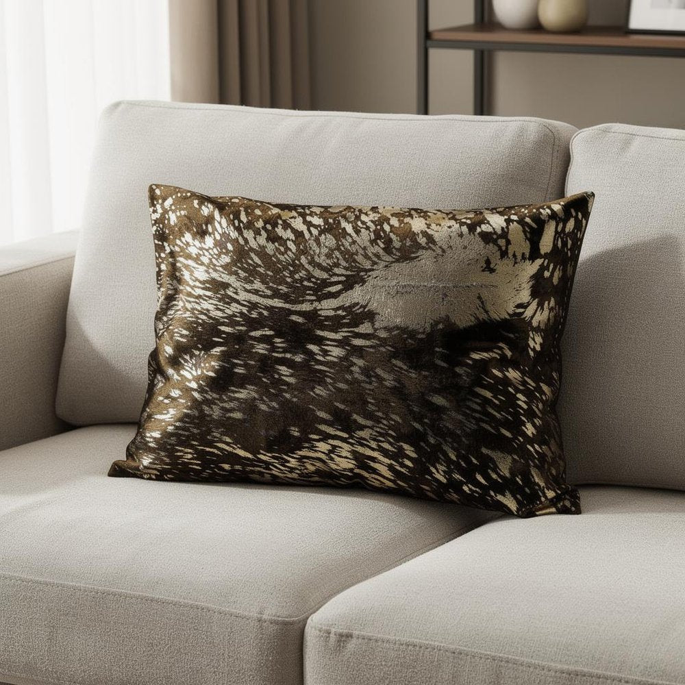 12" X 20" X 5" Chocolate And Gold Cowhide Pillow
