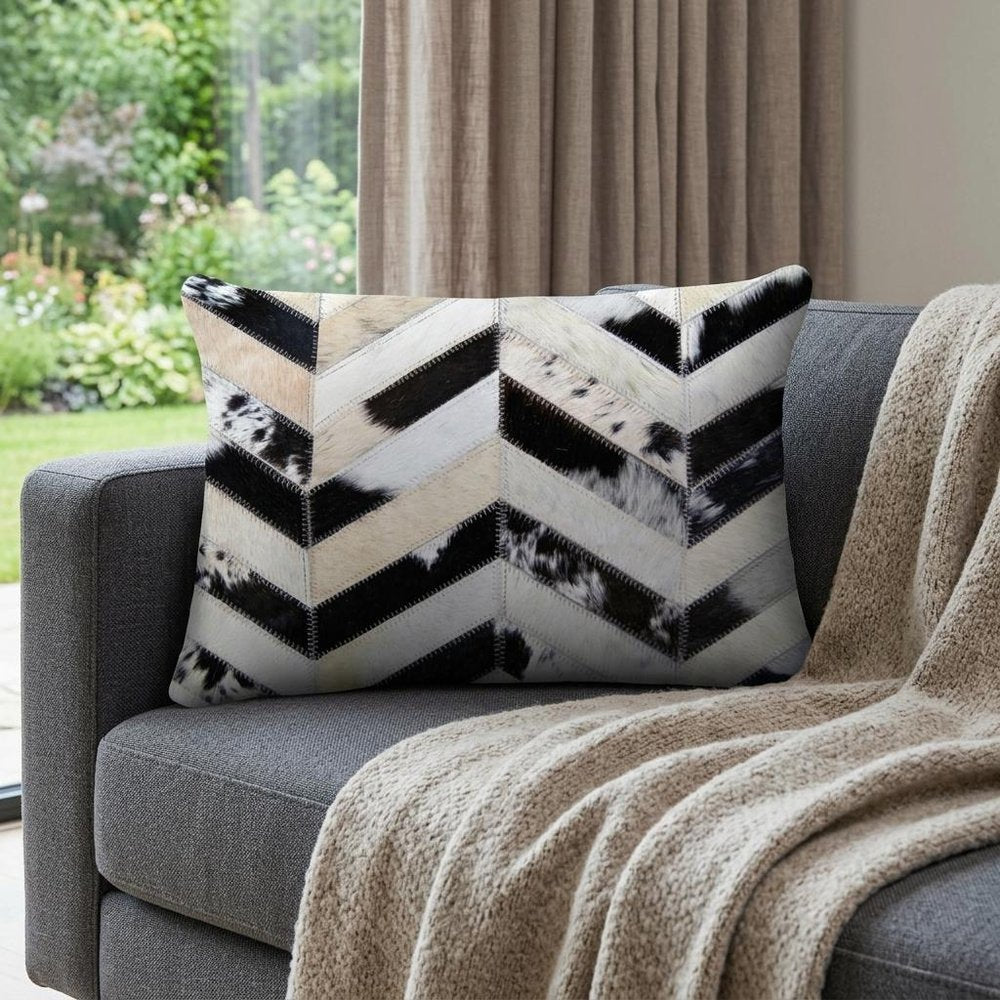 12" X 20" Black Brown and Off White Chevron Cowhide Throw Pillow