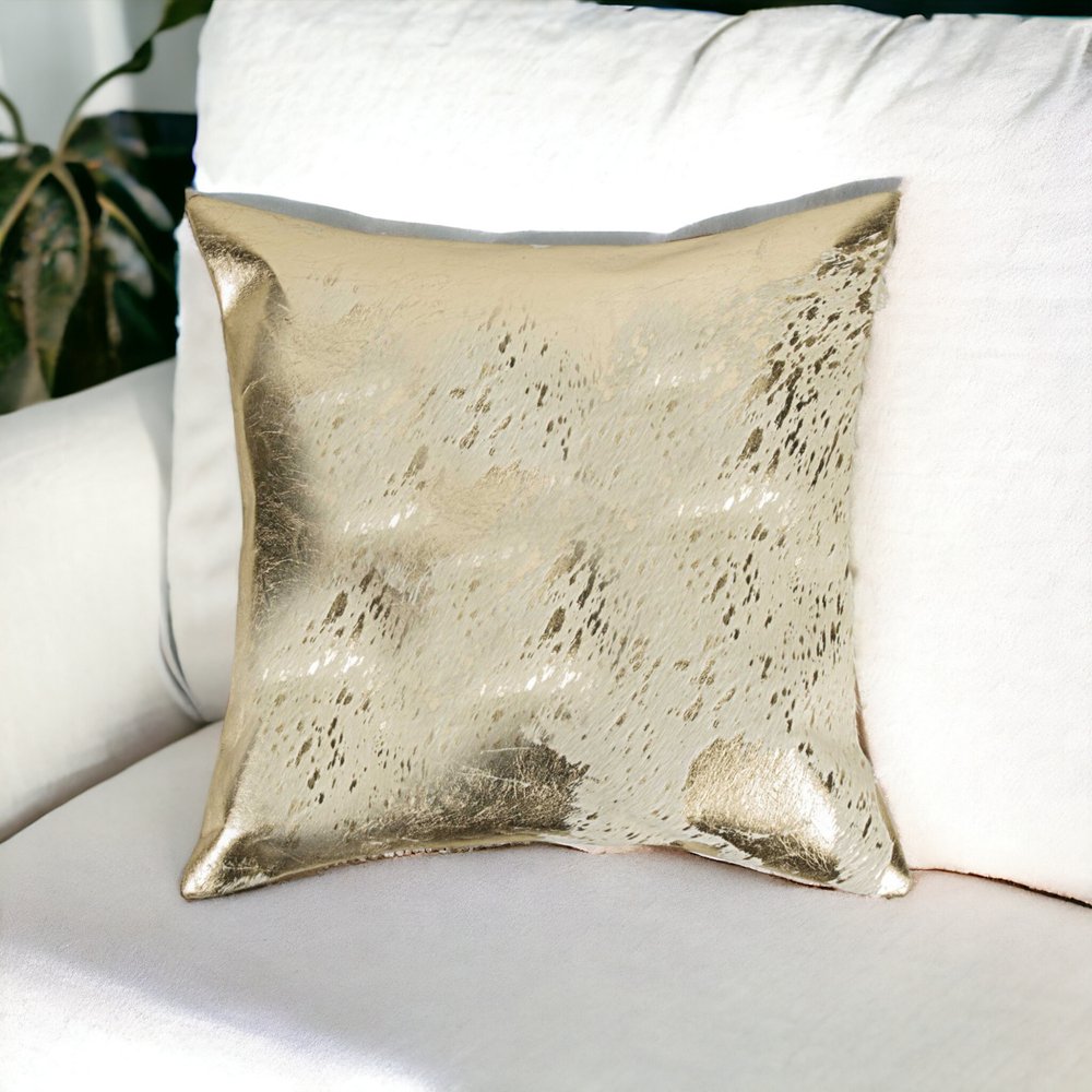 18" Beige And Gold Cowhide Throw Pillow
