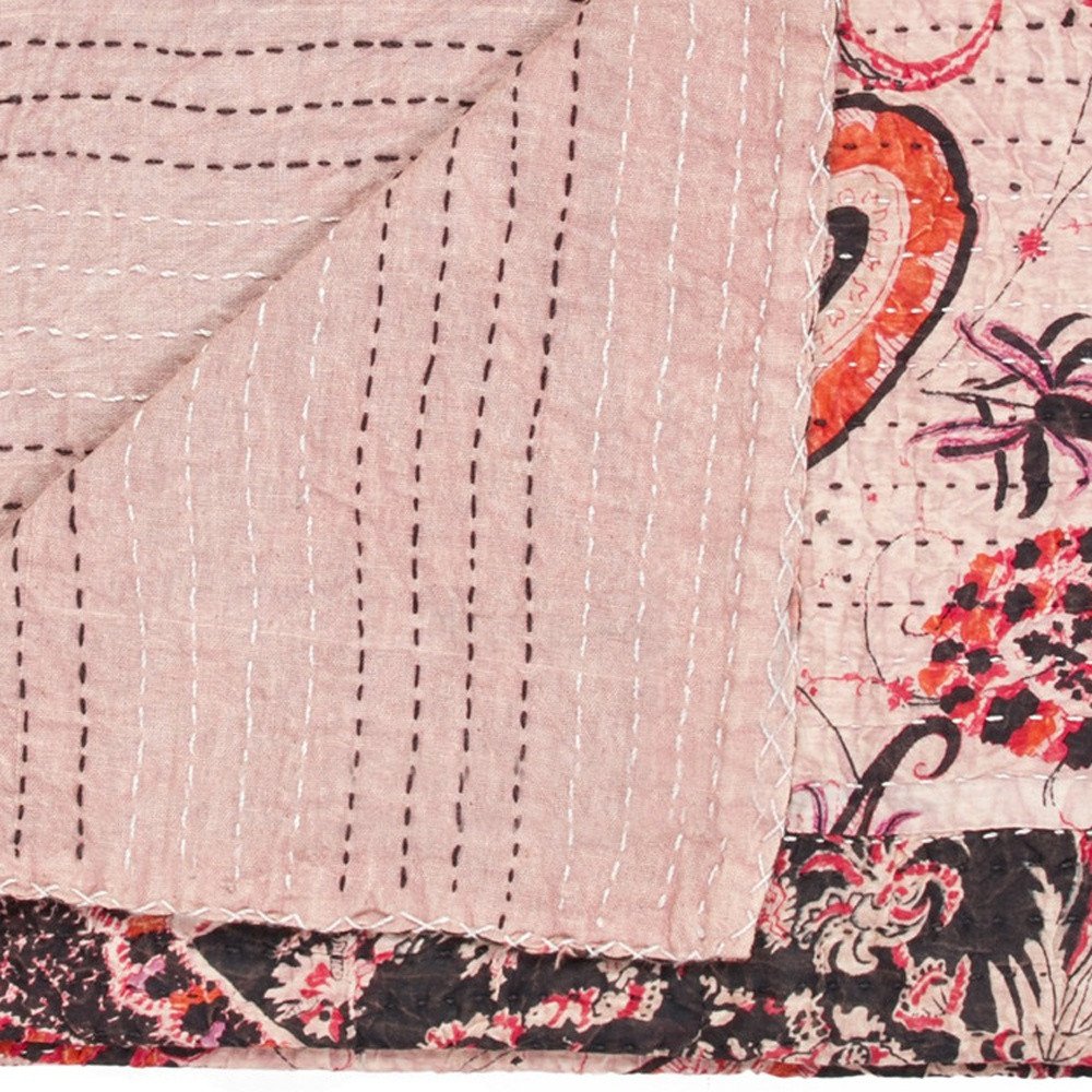50" X 70" Pink Gray and Blue Kantha Cotton Floral Throw Blanket with Embroidery