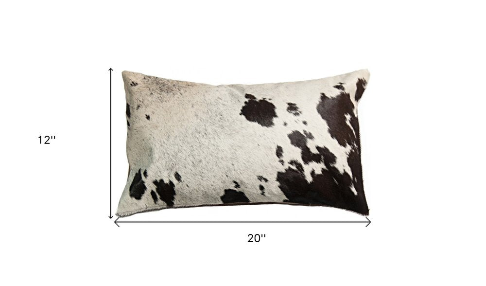 12" X 20" Chocolate And White Abstract Spots Cowhide Throw Pillow