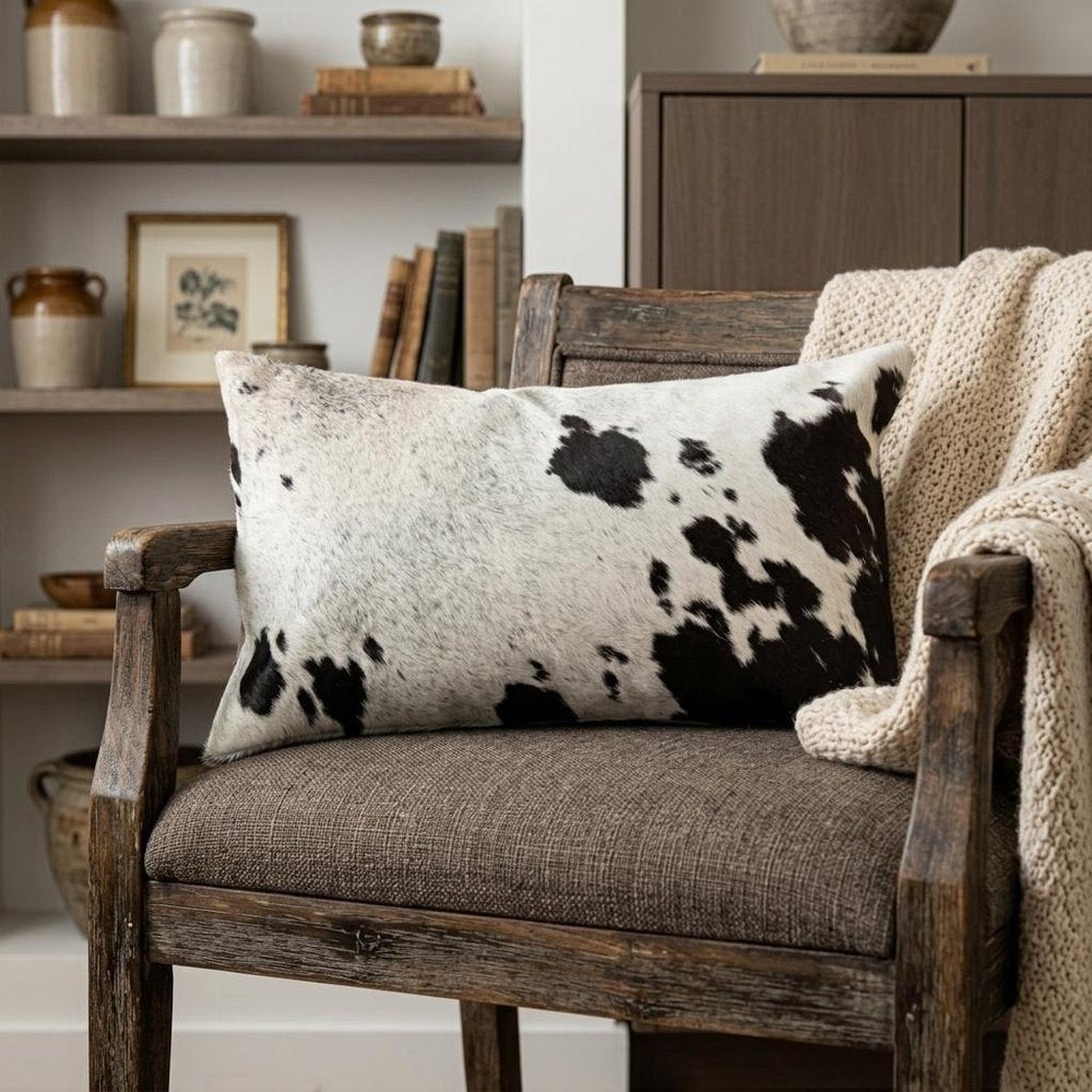 12" X 20" Chocolate And White Abstract Spots Cowhide Throw Pillow