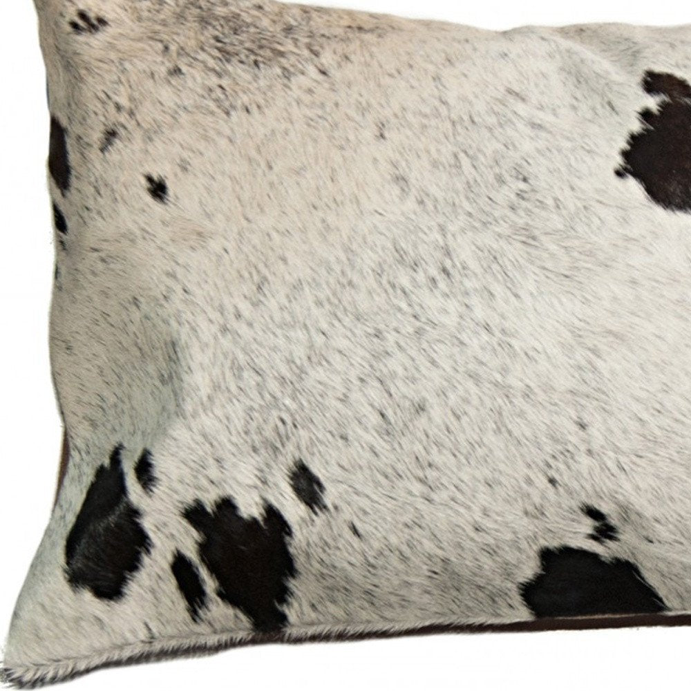 12" X 20" Chocolate And White Abstract Spots Cowhide Throw Pillow