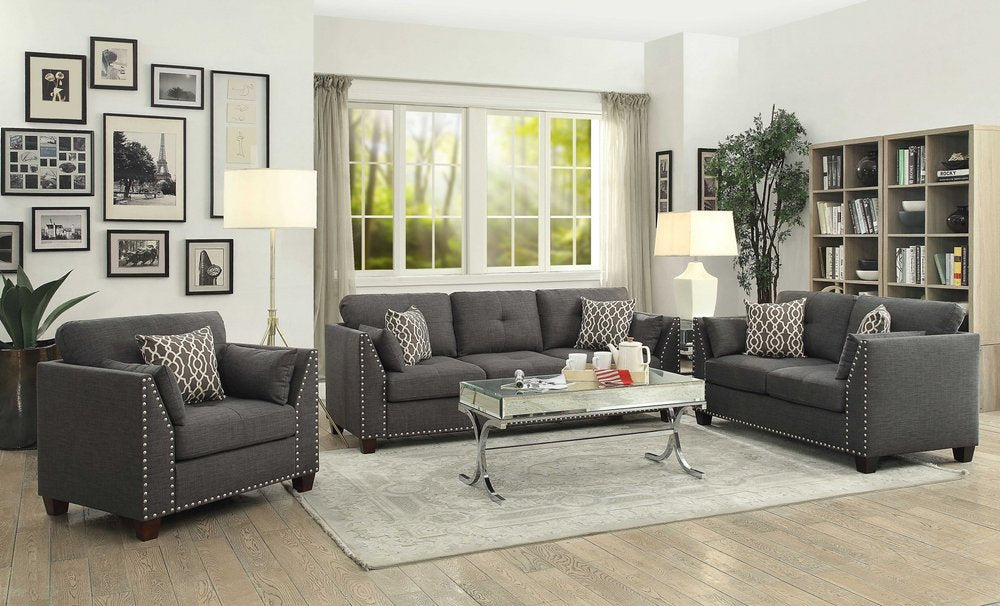 34" Charcoal and Brown Linen Arm Chair And Toss Pillows