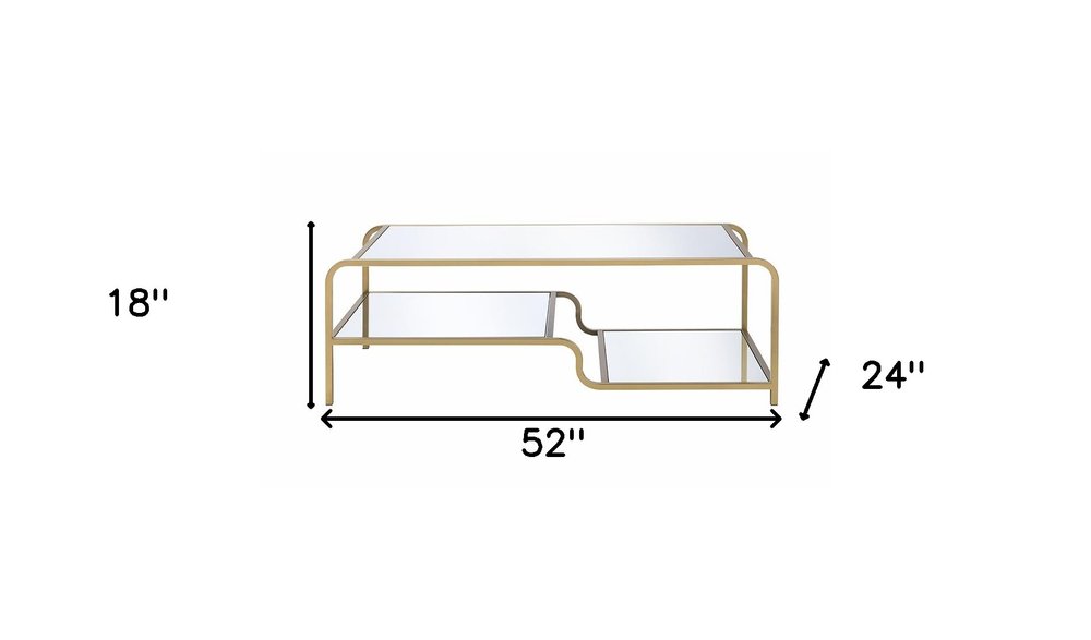 52" Clear and Gold Mirrored Glass And Iron Coffee Table With Shelf
