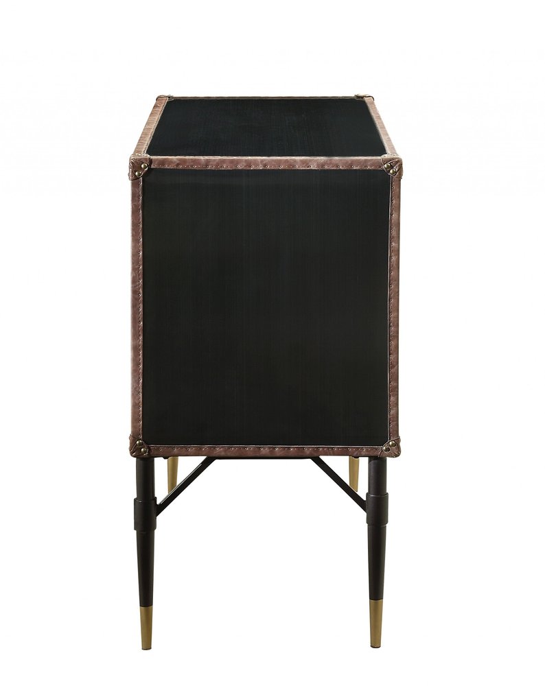 52" Brown Silver and Black Leather And Aluminum Console Table With Two Drawers