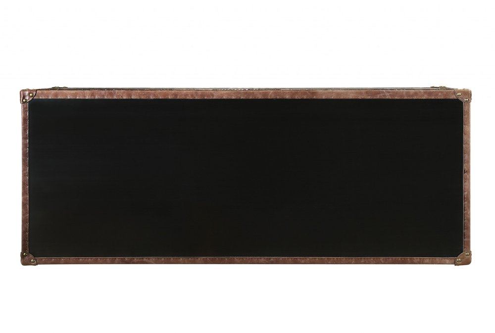 52" Brown Silver and Black Leather And Aluminum Console Table With Two Drawers