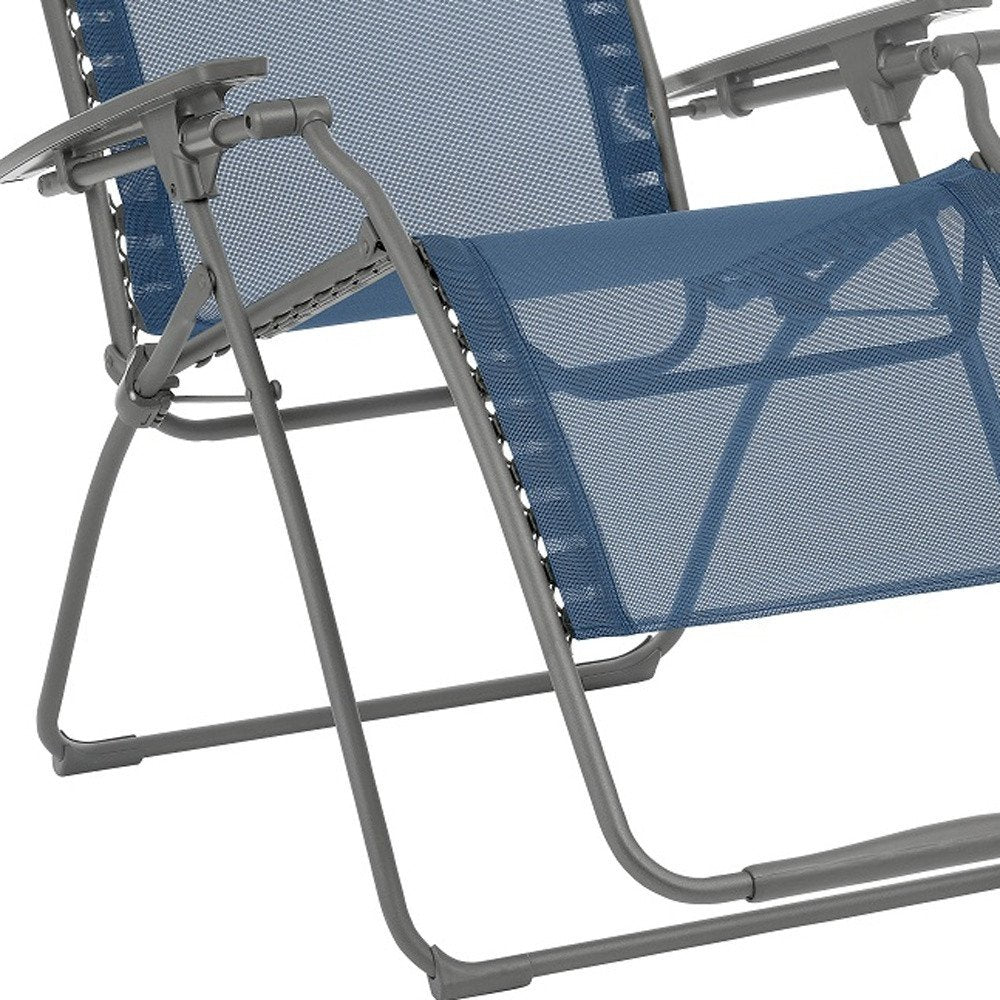 30" Blue and Gray Steel Outdoor Zero Gravity Chair with Blue Cushion