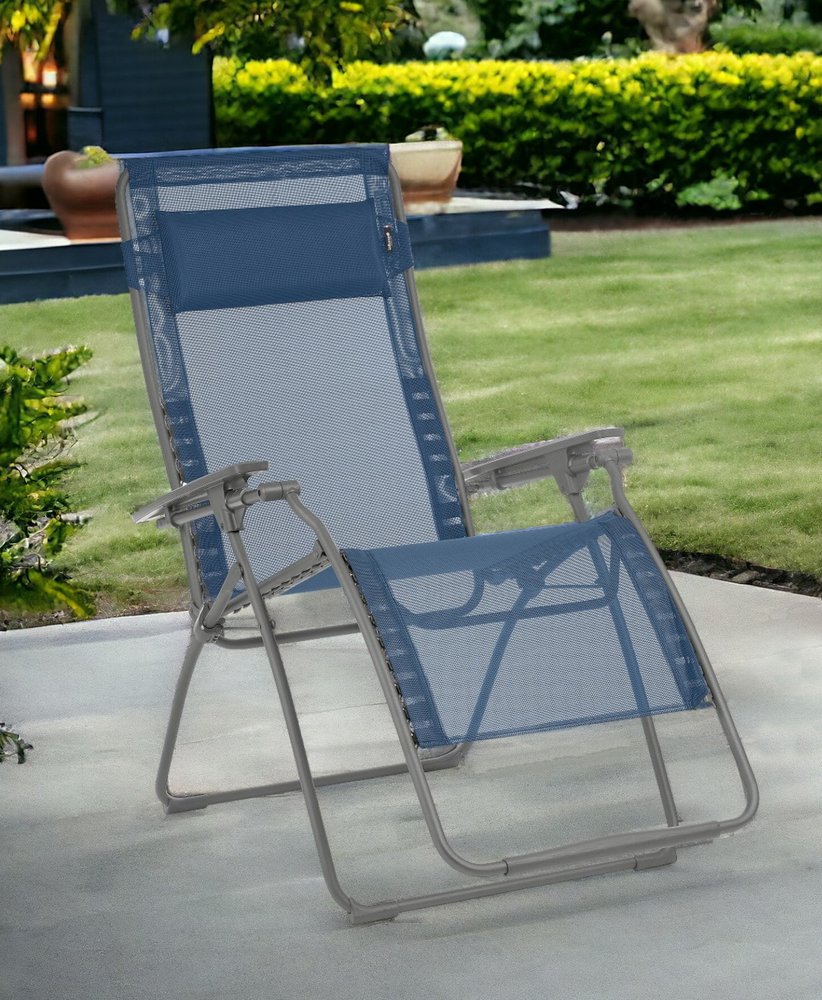 30" Blue and Gray Steel Outdoor Zero Gravity Chair with Blue Cushion