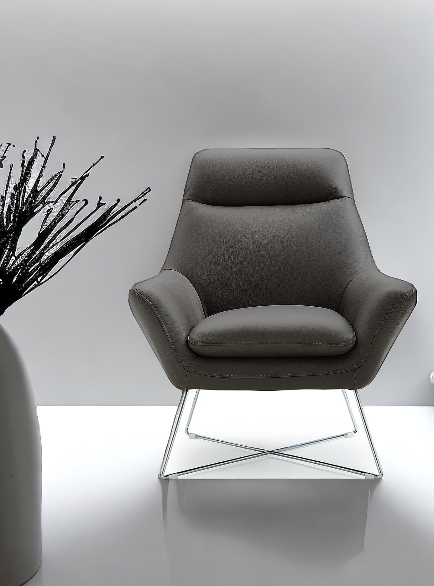 33" Gray and Silver Italian Leather Tufted Arm Chair