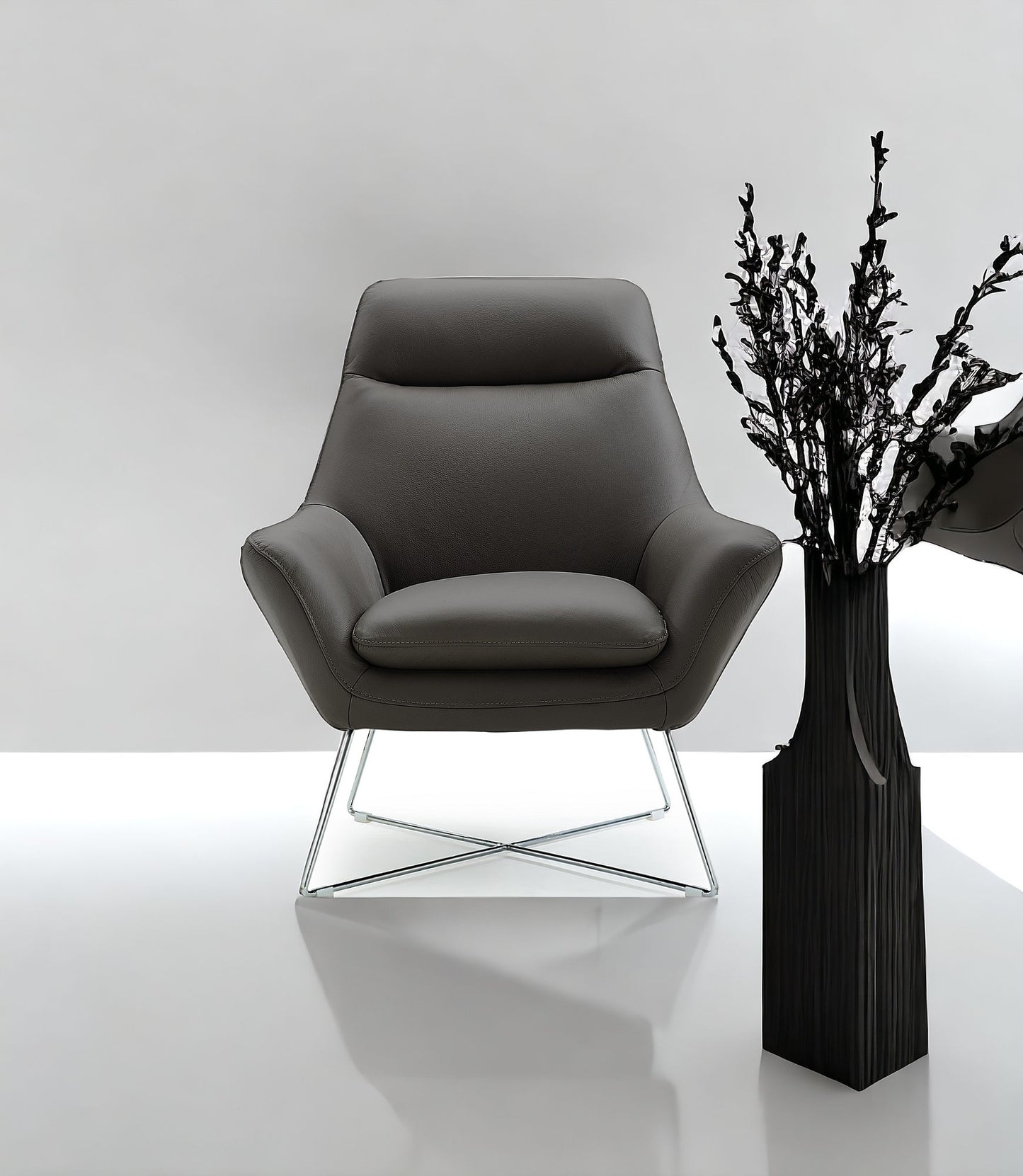 33" Gray and Silver Italian Leather Tufted Arm Chair