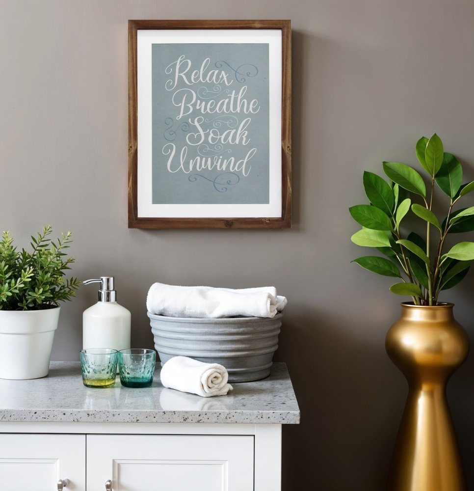 14" X 11" Relax Breathe Soak Unwind Brown Framed Bathroom Wall Art