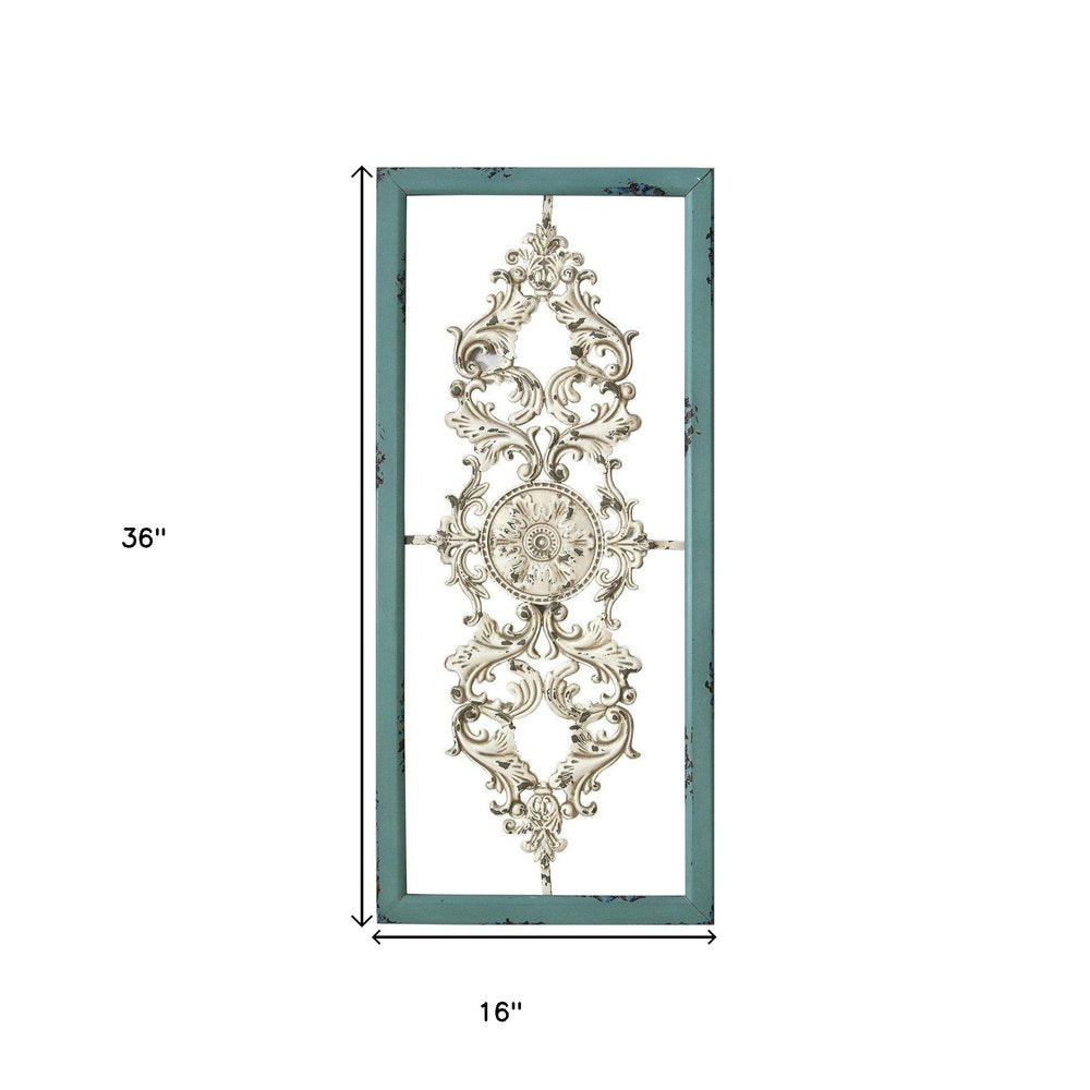 36" Teal and White Wood and Metal Distressed Panel Wall Decor
