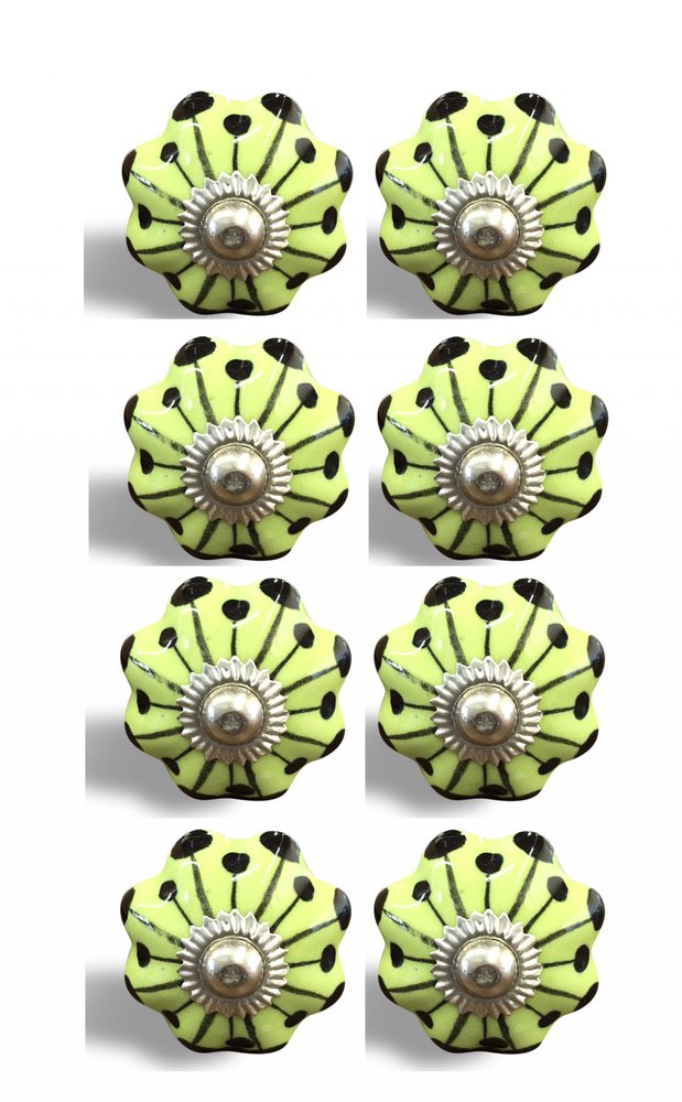 Set of Eight Lemon Black And Silver Botanical Ceramic Drawer Pull Knobs