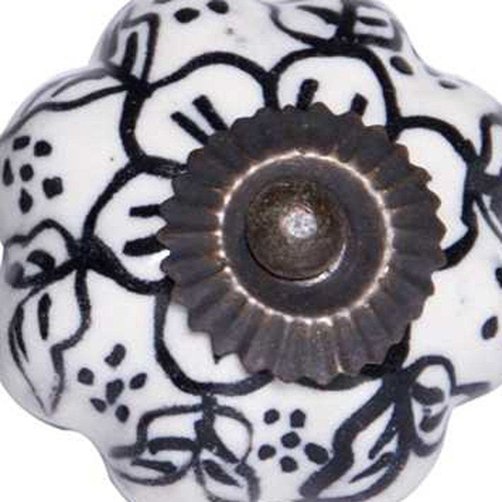Set of Twelve Black And White Floral Ceramic Drawer Pull Knobs
