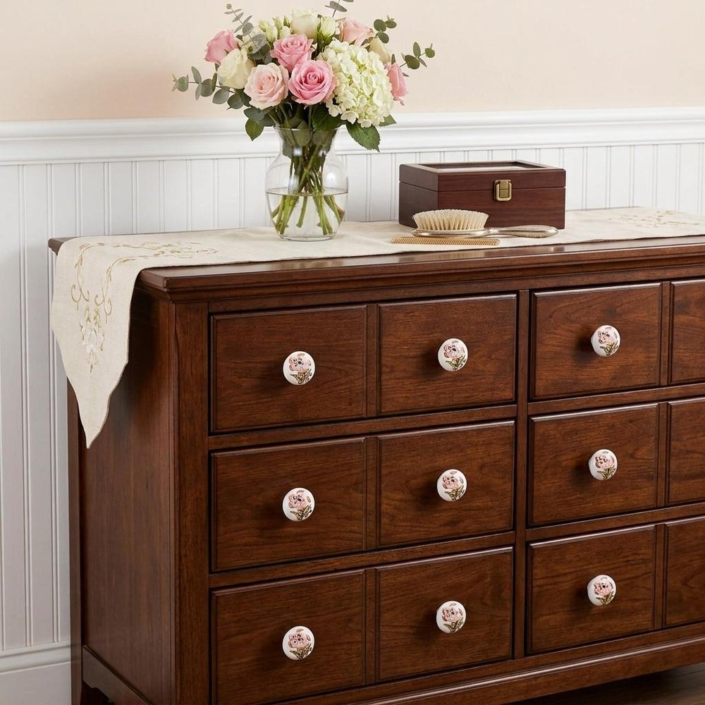 Set of Twelve Pink And White Floral Ceramic Drawer Pull Knobs