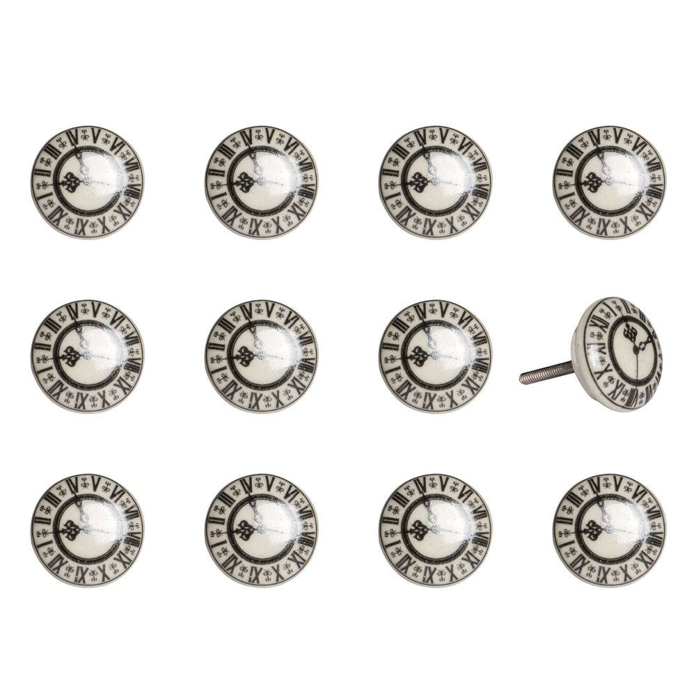 Set of Twelve Black And Gray Clock Face Ceramic Drawer Pull Knobs