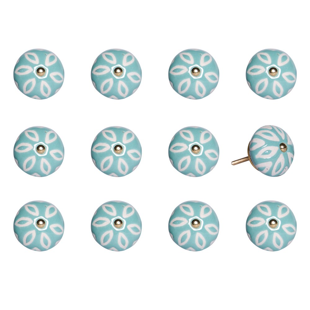 Set of Twelve Aqua And White Geometric Ceramic Drawer Pull Knobs