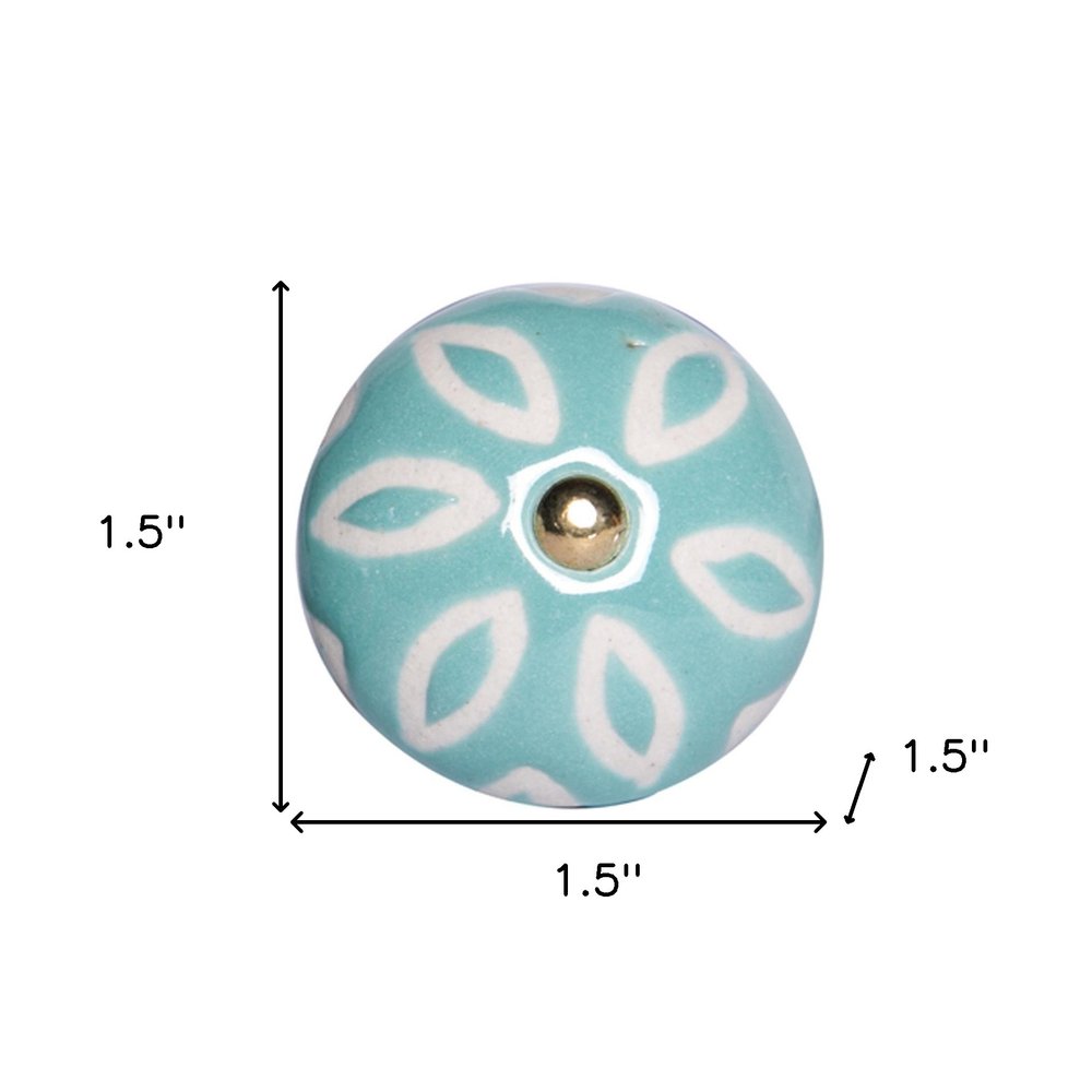 Set of Twelve Aqua And White Geometric Ceramic Drawer Pull Knobs