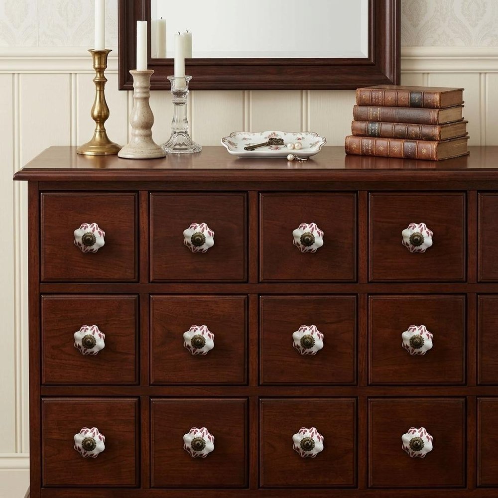 Set of Twelve Burgundy White And Copper Floral Ceramic Drawer Pull Knobs