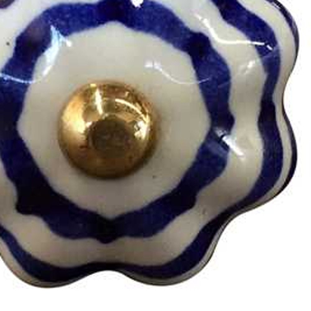 Set of Twelve Blue White And Copper Floral Ceramic Drawer Pull Knobs