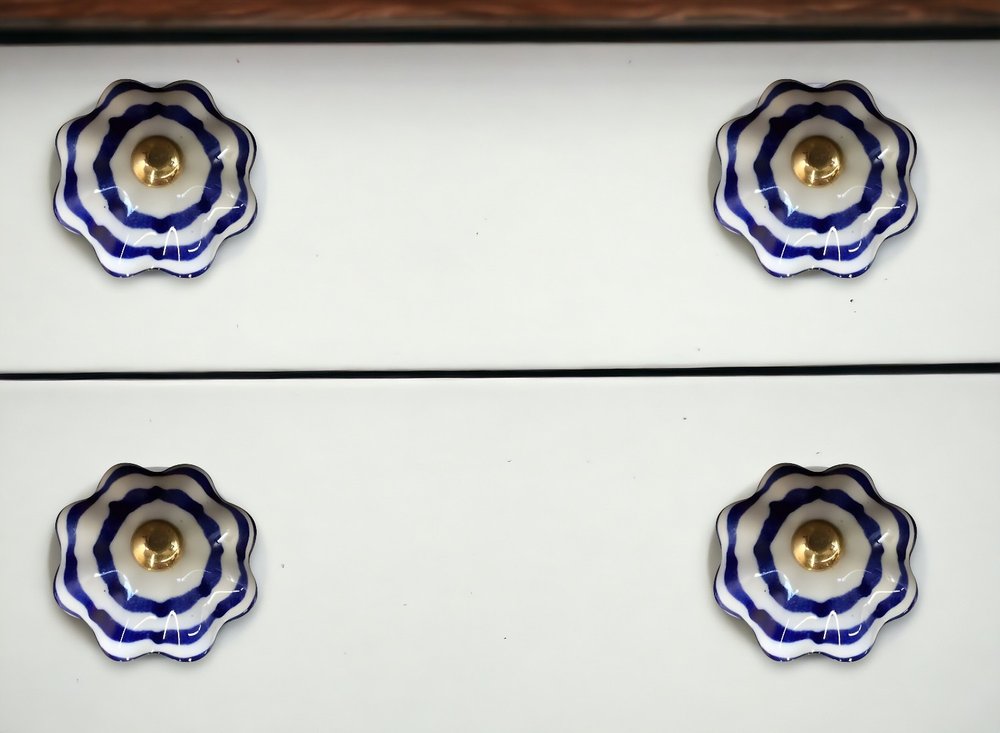 Set of Twelve Blue White And Copper Floral Ceramic Drawer Pull Knobs