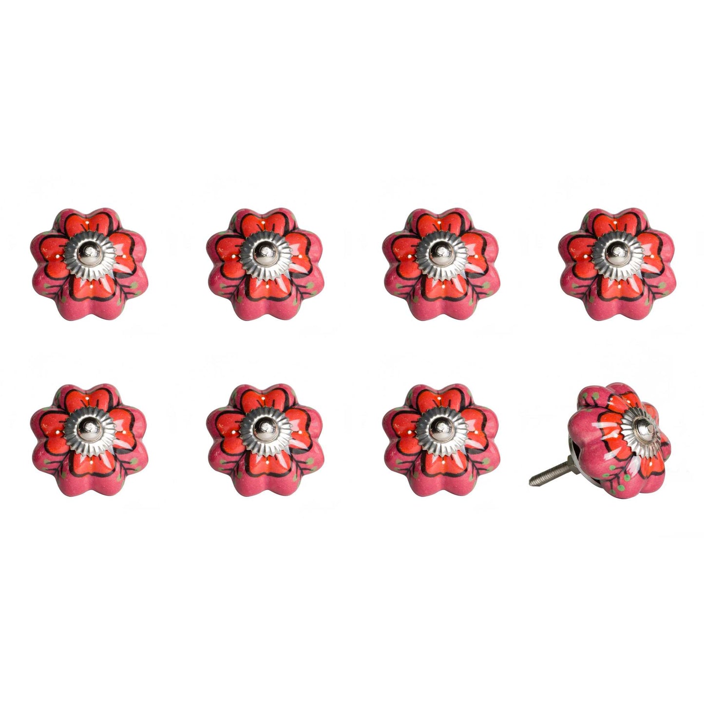 Set of Eight Red Pink And Green Floral Ceramic Drawer Pull Knobs