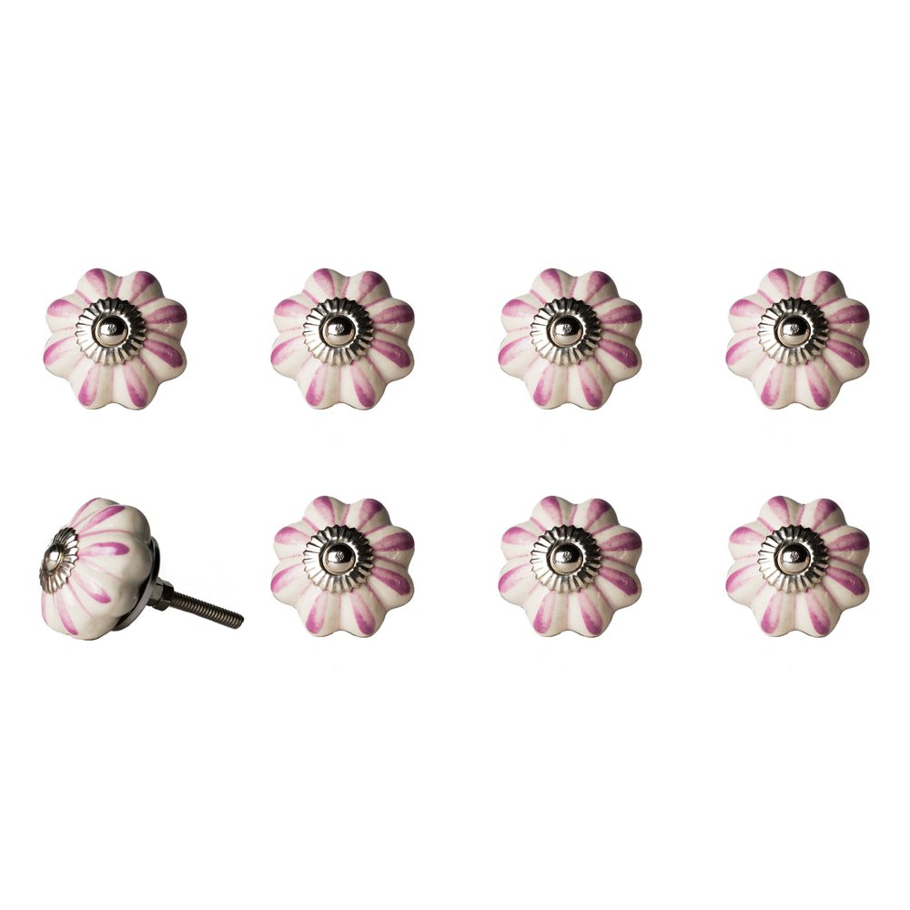 Set of Eight Red Pink And Green Floral Ceramic Drawer Pull Knobs