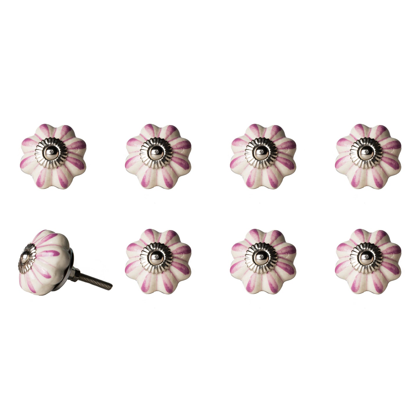 Set of Eight Red Pink And Green Floral Ceramic Drawer Pull Knobs