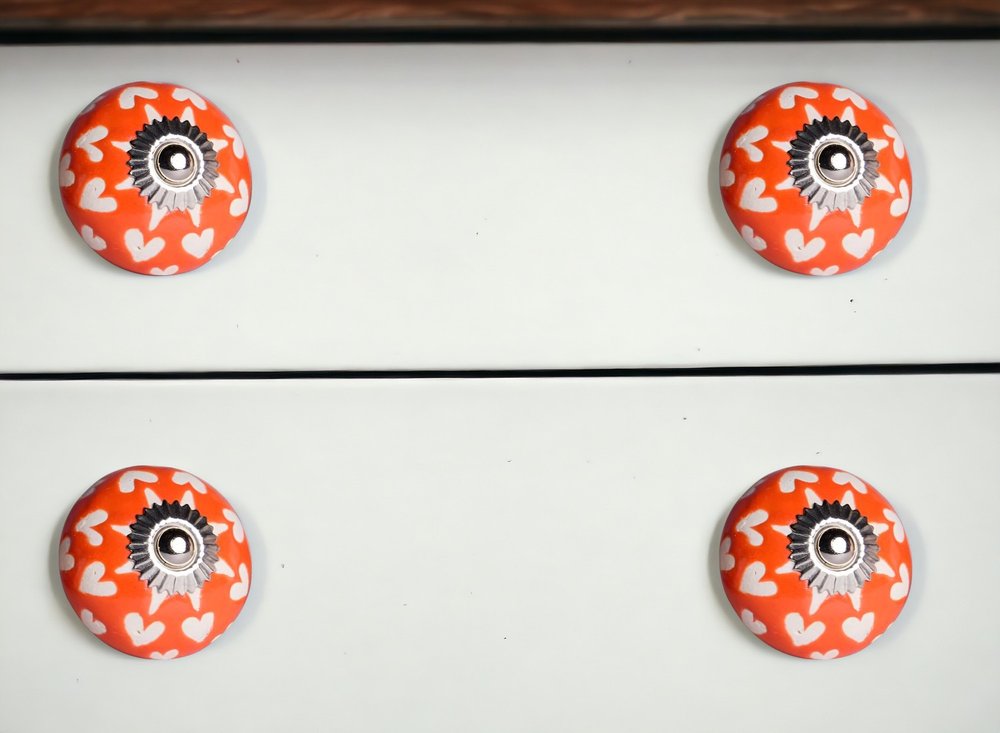 Set of Eight Red Pink And Green Floral Ceramic Drawer Pull Knobs