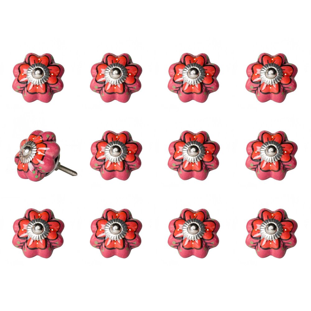 Set of Twelve Red Pink And Green Floral Ceramic Drawer Pull Knobs