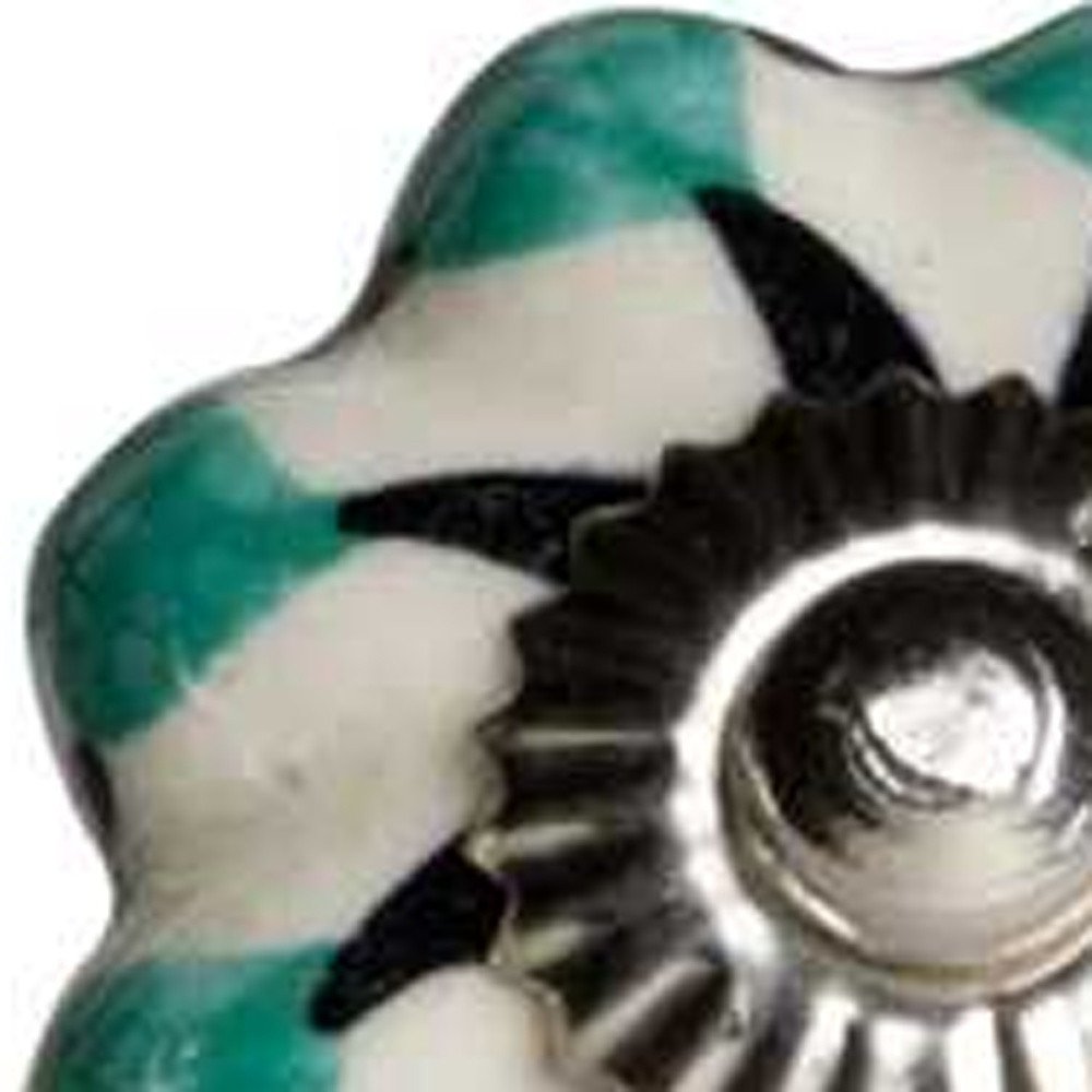 Set of Twelve Green Silver And White Geometric Ceramic Drawer Pull Knobs
