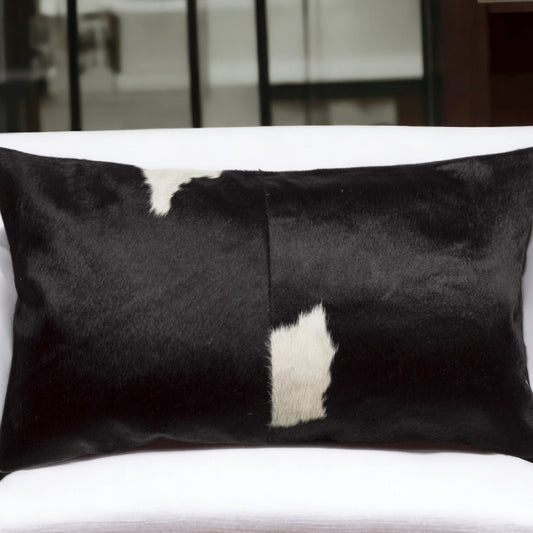 12" X 20" Black and White Cowhide Throw Pillow