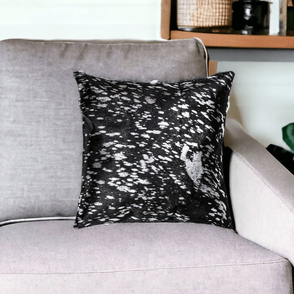 18" Black and Silver Cowhide Throw Pillow