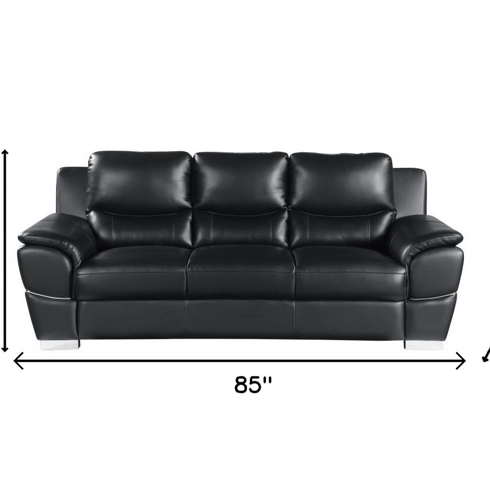 85" Black Leather Sofa With Silver Legs