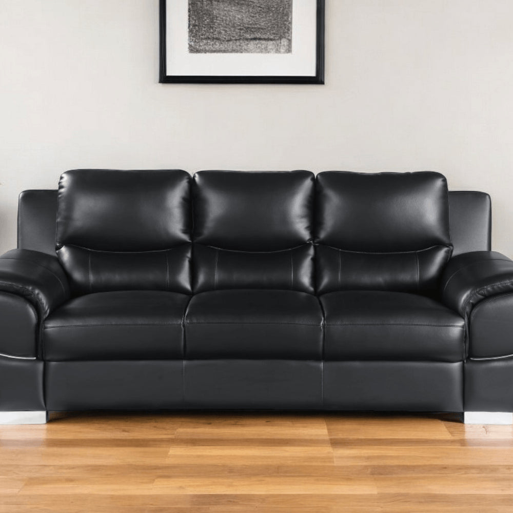 85" Black Leather Sofa With Silver Legs