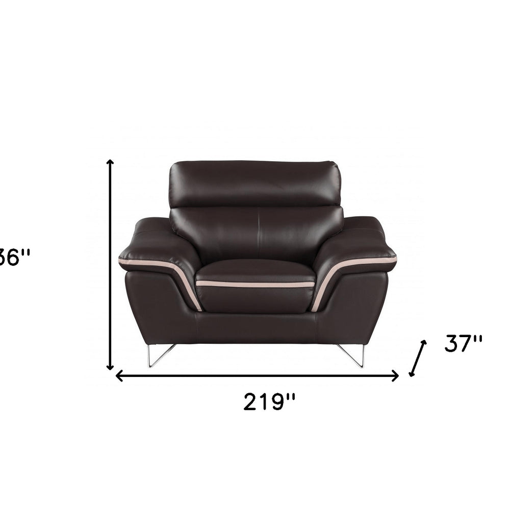 Two Piece Indoor Brown Genuine Leather Five Person Seating Set