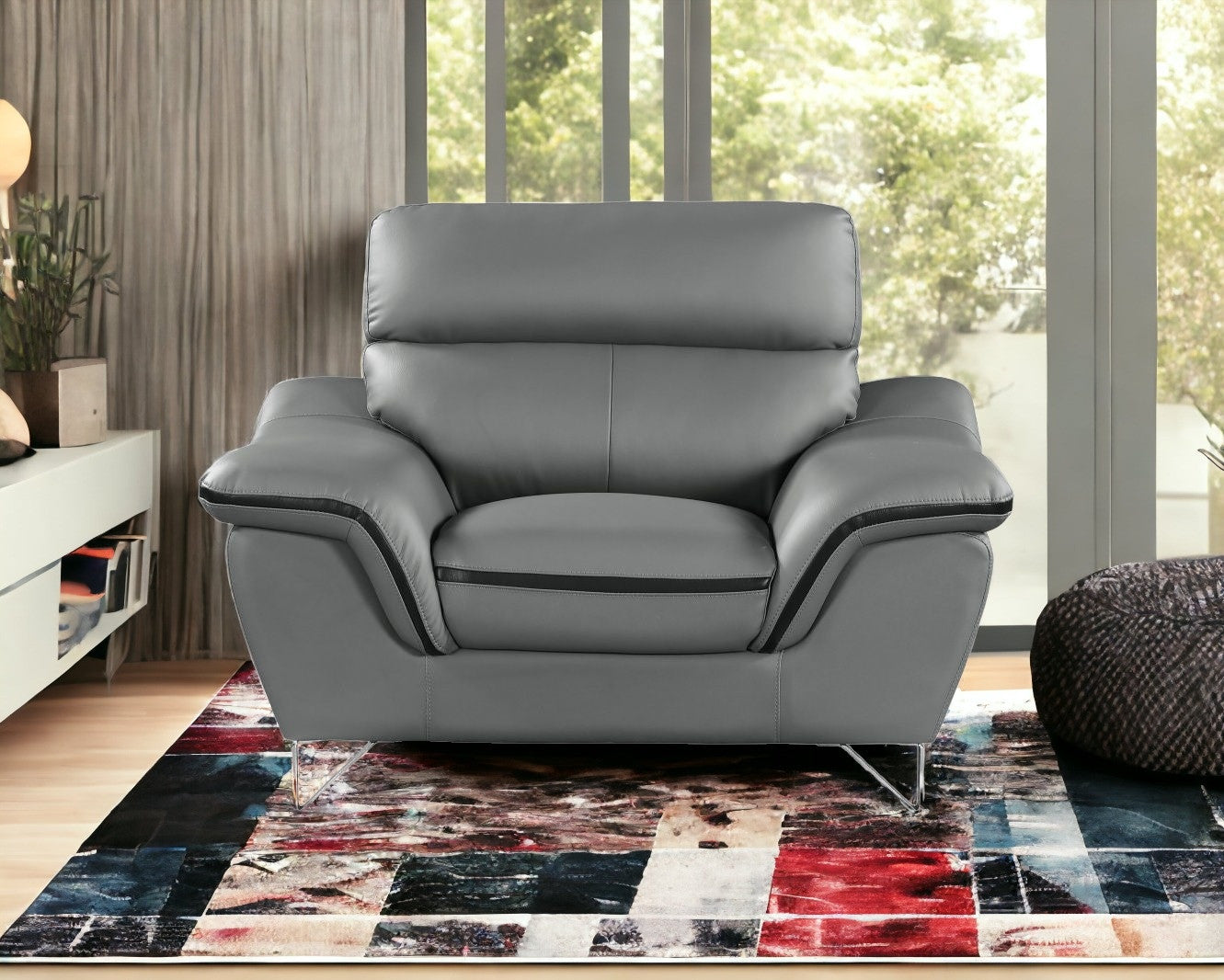 49" Gray And Silver Leather Match Convertible Chair