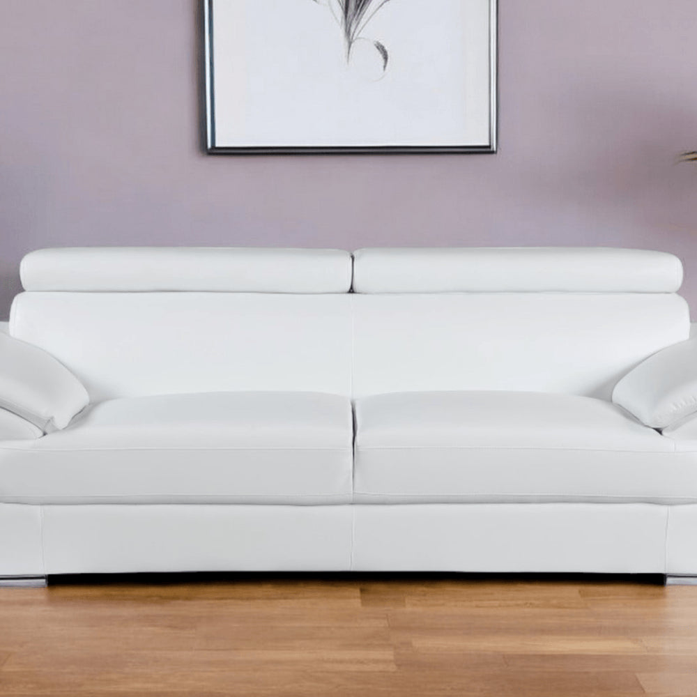 86" White Leather Sofa With Silver Legs